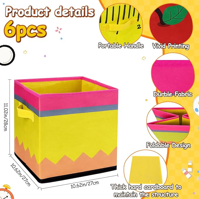 6 Pcs 11in Fabric Storage Bins, Collapsible Cubby Baskets with Handles | Collapsible & flat‑fold, Side handles for easy tote, Colorful school prints, Classrooms, homes, daycares all work - Image 2