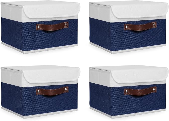 ANMINY Fabric Storage Box Bins with Lids, Blue White, 10"x8"x7", 4 Pack | Keepsake Memory Storage, Cotton Linen, PP Board Reinforced, Washable, PU Handles, Foldable & Stackable, Decorative, Small by ANMINY