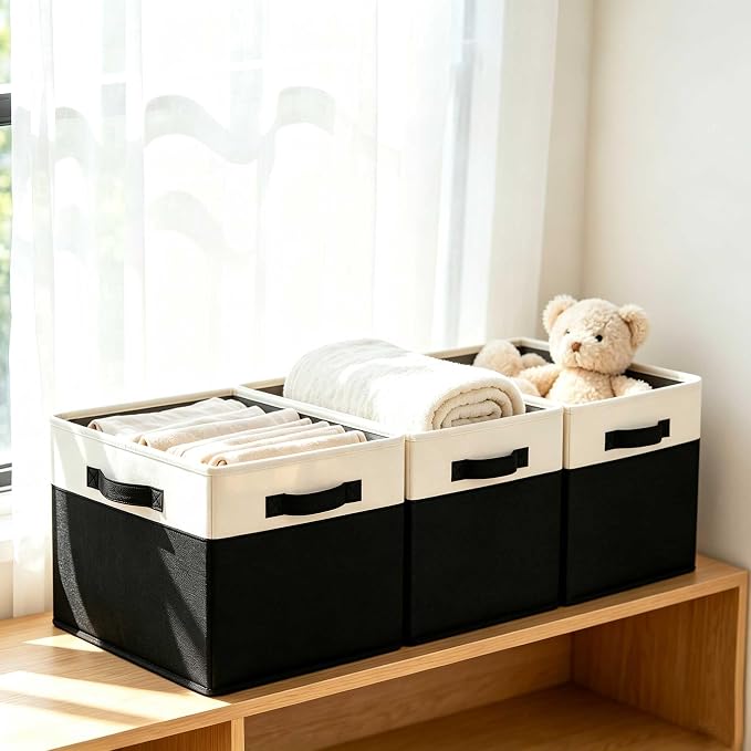 GhvyenntteS Large Storage Baskets for Shelves 3 Pack, Collapsible Fabric Storage Bins with 3 Handles, Decorative Closet Organizers and Storage bins for Clothes Blanket Beddings (Black, 15"x11"x9.6") by GhvyenntteS