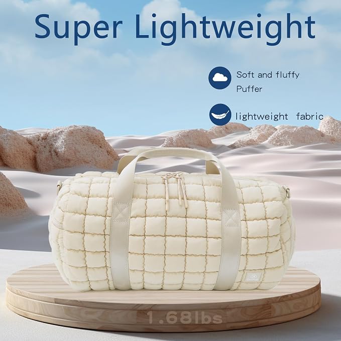 Quilted Gym Bag for Women,Duffle Bag for Travel with Wet Pocket,Carry on Weekender Bags for Women,Travel Bag with Shoe Compartment(Beige) - Image 5