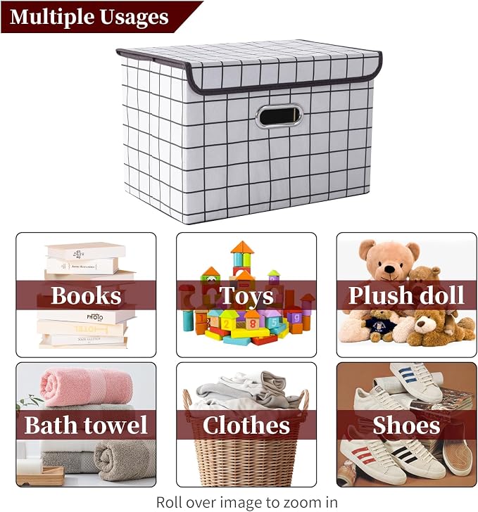 STOREONE Fabric Storage Cube Bins Foldable Organizer Container Collapsible Basket with Lids and Metal Handles, for Home, Bedroom, Closet 3 Pcs (White grid) - Image 3