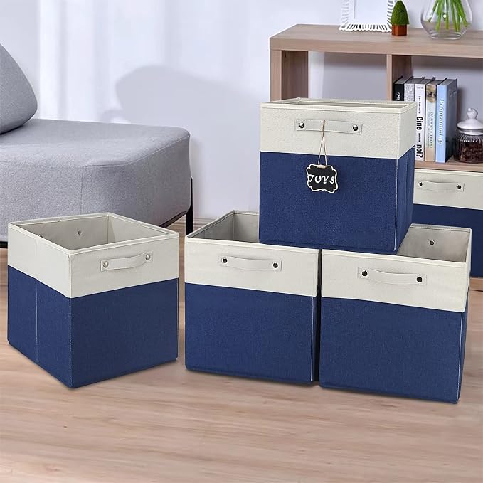 11 x 11 storage cubes,Set of 4 Collapsible Fabric Storage Cubes with Labels,Linen Cube Storage Organizer Bins Kallax Storage Cubes for Organizing Home,Shelves,Nursery Toys,Clothes(White Blue). - Image 5