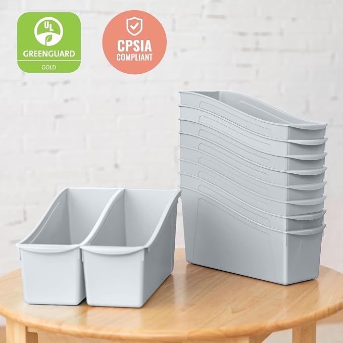 ECR4Kids Linking Plastic Storage Book Bin, Multipurpose Organization, Light Grey, 10-Piece | Durable plastic with built-in handles, interlocking, nestable, ideal for books, magazines, and files in a classroom or office - Image 6