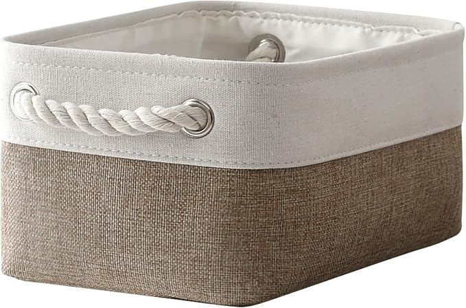 Storage Basket for Organizing - 1 Pack 12x8x5.2 inch Baskets for Gifts Empty with Handles, Fabric Storage Cubes for Organizer Closet Dog Gift Cloth Toy (Whiet & Khaki) by TheWarmHome
