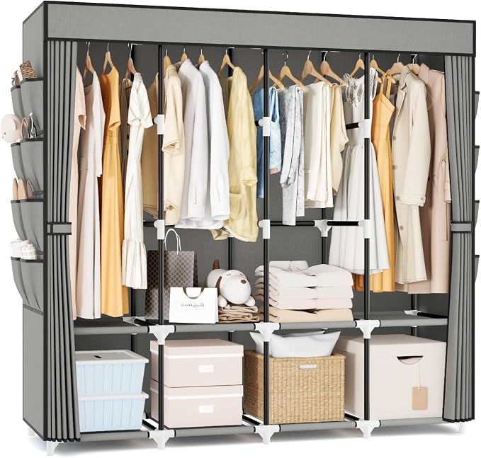 Portable Closet for Hanging Clothes, 67 Inch Wide Portable Wardrobe Closet with Cover, 4 Hanging Rod, Storage Shelves and Side Pockets, Large Free Standing Closet for Bedroom, Grey by BRFOYU