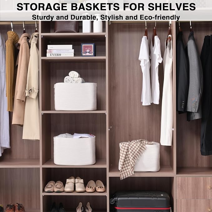 White Storage Baskets for Organizing Shelves, Woven Cotton Rope Basket for Storage, Basket for Toys Clothes Books Shoes, Organization Baskets, 14.8"×11"×9.5", Pack of 3, Off White - Image 3