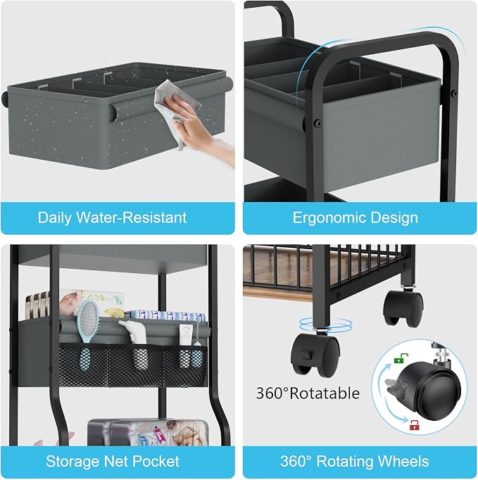 3-tier Baby Diaper Caddy Organizer and Storage Cart with 4+3 Dividers, Metal Utility Cart with Lockable Wheels for Nursery, Bedroom, Bathroom, Black - Image 6