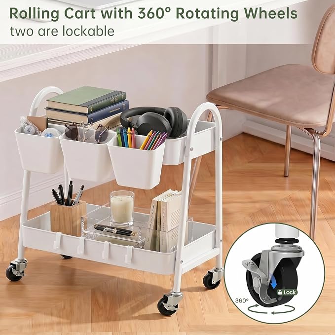 danpinera 2-Tier Rolling Cart, Utility Cart Mobile Metal Rolling Storage Cart with Lockable Wheels & Hanging Cups & Hooks for Kitchen, Bathroom, Office, Workshop, Purple - Image 4