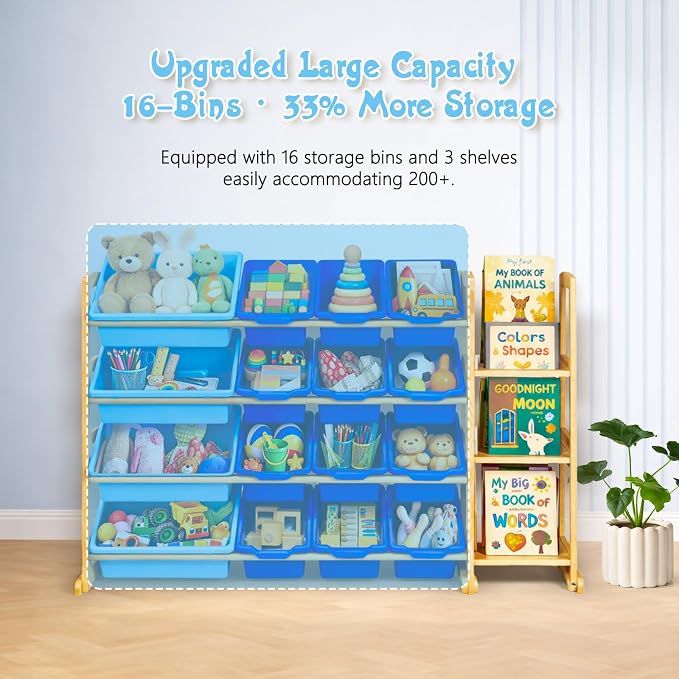Kids Toy Storage Organizer with Bookshelf – Wooden Shelf with 16 Bins & 3 Shelves, Quick Assembly Storage Rack for Playroom, Bedroom, Nursery - Blue - Image 5