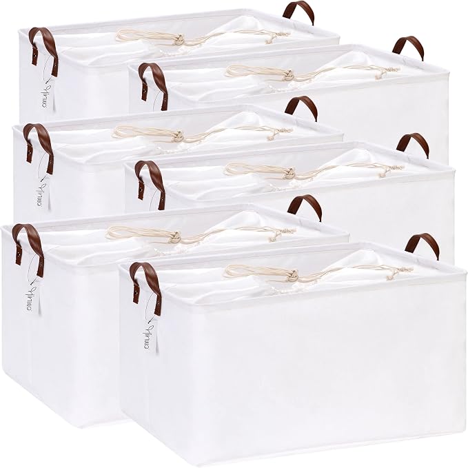 Hinwo 70L Extra Large Canvas Storage Bin with Lid and Handles, 6-Pack | Collapsible Fabric Baskets, Closet Shelf Organizers, Containers for Clothing, Blankets, Toys, Bedding (White) by Hinwo