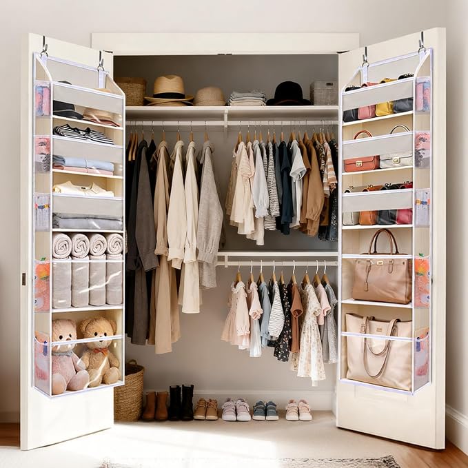 5 Tiers Over the Door Organizer with 10 Mesh Side Pockets, 44 lbs Weight Capacity Closet Hanging Storage Organizer with Large Clear Window Kids Toys, Shoes, Diapers, Beige，2 Pack - Image 6