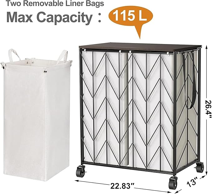 WOWLIVE Double Laundry Hamper with Lid, Rolling Laundry Basket with Wheels | Heavy Duty Wire Clothes Hamper with Divided Removable Bags, Large Iron-Made Laundry Sorter Laundry Room Organization, Beige - Image 3