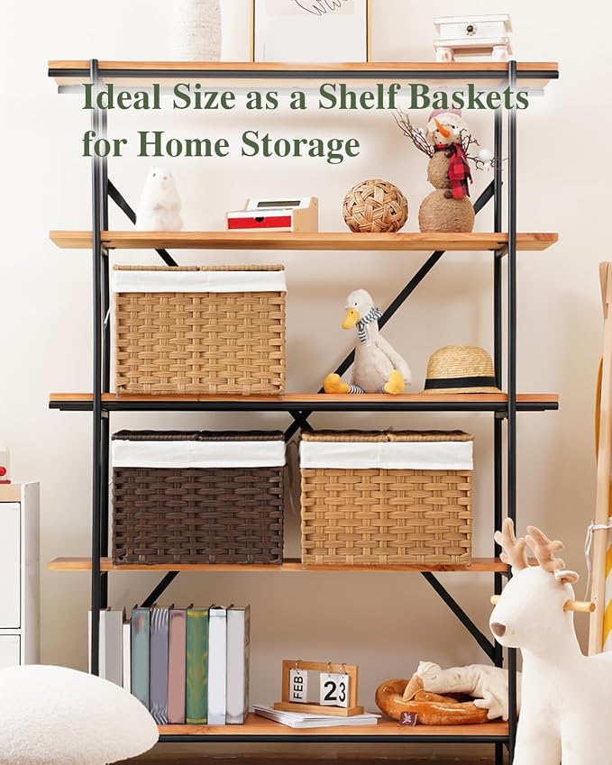 SETVSON Storage Basket with Lid Woven Wicker Baskets, 35L Natural | 9.2 Gallon Storage Bin with 2 Separate Lids, 2 Removable Liner Bags with Divider for Small Clothes, Sturdy Metal Frame - Image 4