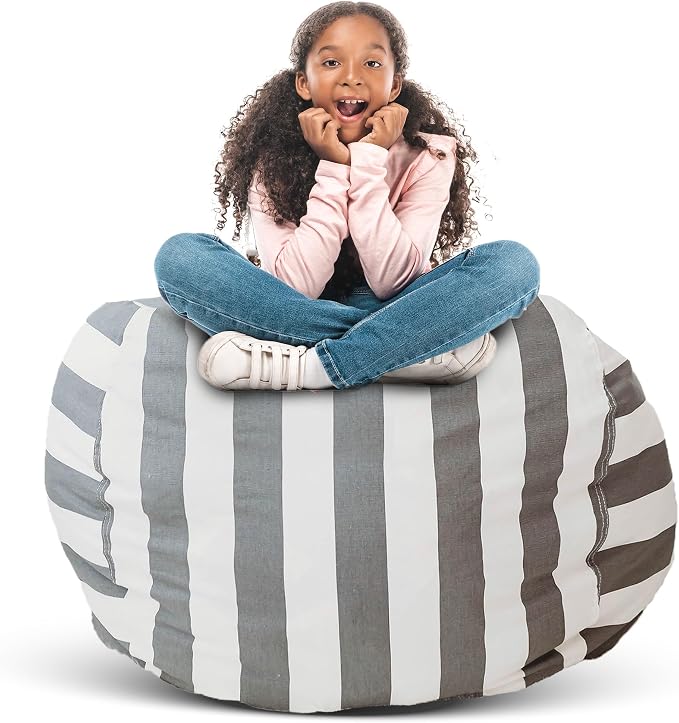 Stuff ’n Sit Large 33’’ Bean Bag Storage Cover for Stuffed Animals & Toys, Giant Beanbag Chair for Kids Ages 3-14, Bedroom Organizer, Gray/White Stripe by CreativeQT