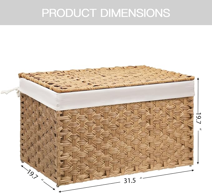 Wicker Storage Basket with Lid, 52.8 Gallon (200L) Large Blanket Basket with Lid, Woven Storage Bin with Handles, Removable Liner, Metal Frame, Foldable, for Bedroom, Laundry Room, Natural - Image 3