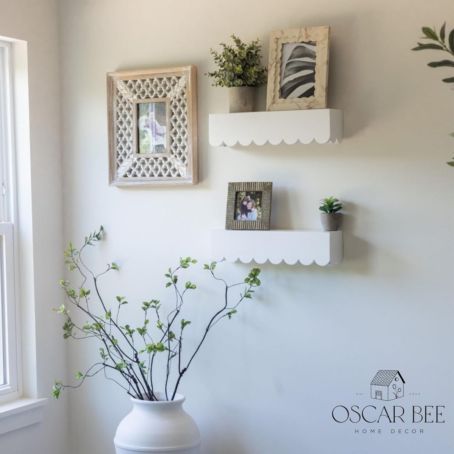 White Floating Cloud Shelves – Set of 2 Scalloped Wooden White Floating Cloud Shelves for Wall, Pre-Assembled Nursery Bookshelves for Baby, Toddler & Kids Room, Montessori Wall Shelf Display