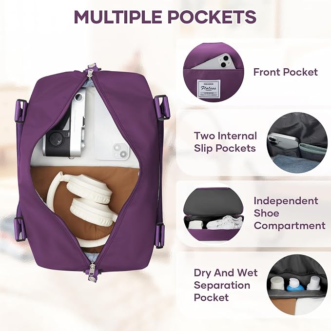Travel Duffel Weekender Bag Women Tote Carry On Bags With Shoe Compartment | 18x14x8 inches Travel Overnight Bags with Trolley Sleeve for Airplanes Sport Tote Gym for Men Lightweight Daypack DeepPurple - Image 4