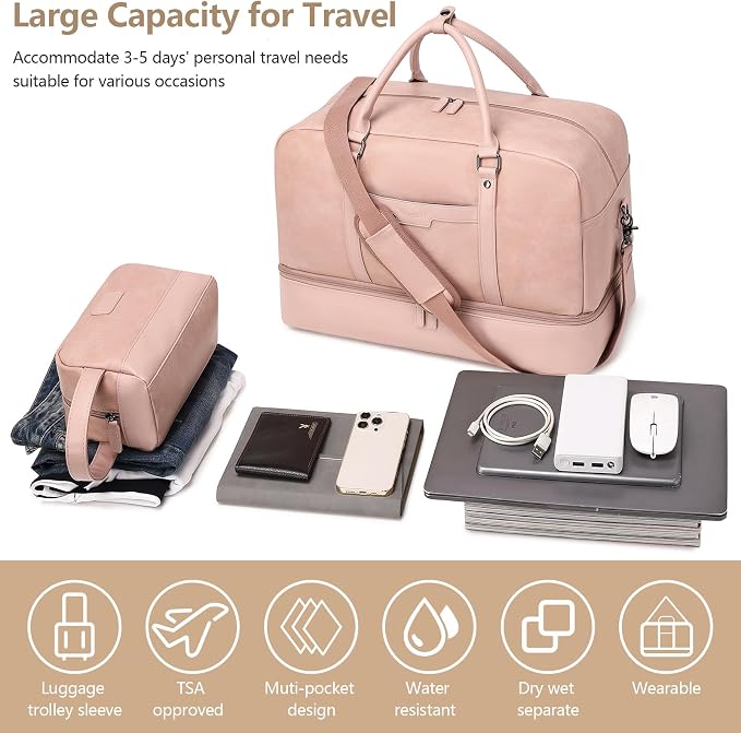 4-in-1 Waterproof Faux Leather Overnight Travel Bag for Women Men | Hospital Gym Weekender Bag Carry On Personal Item Travel Duffel Bags with Shoe Compartment Toiletry Bag Fit 21" Laptop - Image 3