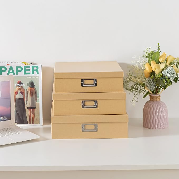 Soul & Lane - Kraft Storage Boxes with Lids, Set of 3, Just the Basics | Decorative Paper Storage Box Set for Photos, Documents and Keepsakes, Large Cardboard Office Organizers for Home Decor - Image 2