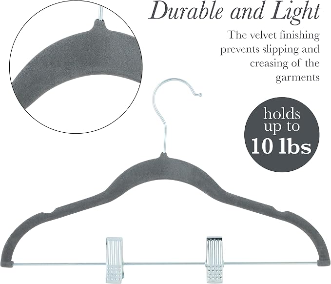 Simplify 60 Pack Children's Velvet Hangers | Durable | Lightweight | Non-Slip | Nursery | Shirt | Pants | Tank Top | Grey | Clips | Closet Organization - Image 3
