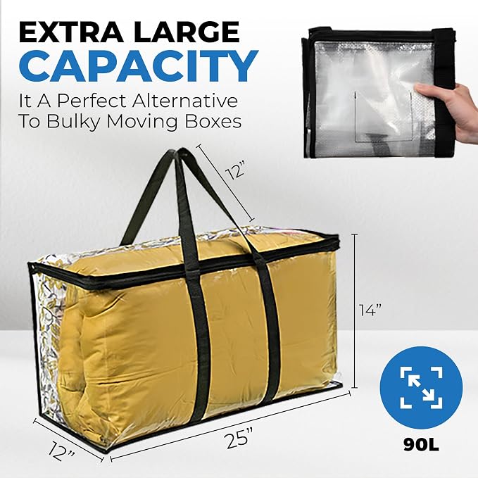 Clear Moving Bag (4-Pack) 25x14x12 - Zipper, Blankets, Breathable | Breathable Non-Woven Sides, Foldable, Comforters, Bedding, Clothes, Sweaters, College, Dorm, Packing - Image 2
