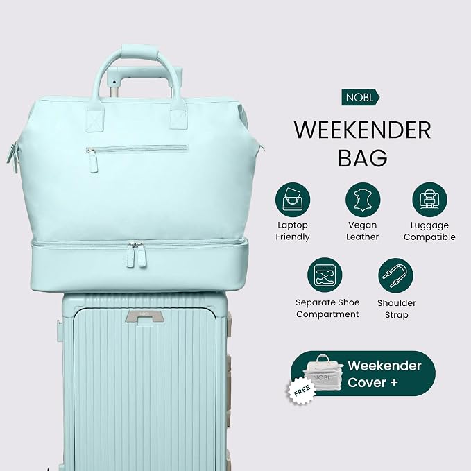 Nobl Travel Weekender Bag for Women & Men, Large Duffel Carry-On Tote | Trolley Sleeve, Separate Shoe Compartment & Laptop Pocket, Leather Overnight Bag for Airplane, Gym & Road Trips, Powder Blue - Image 5