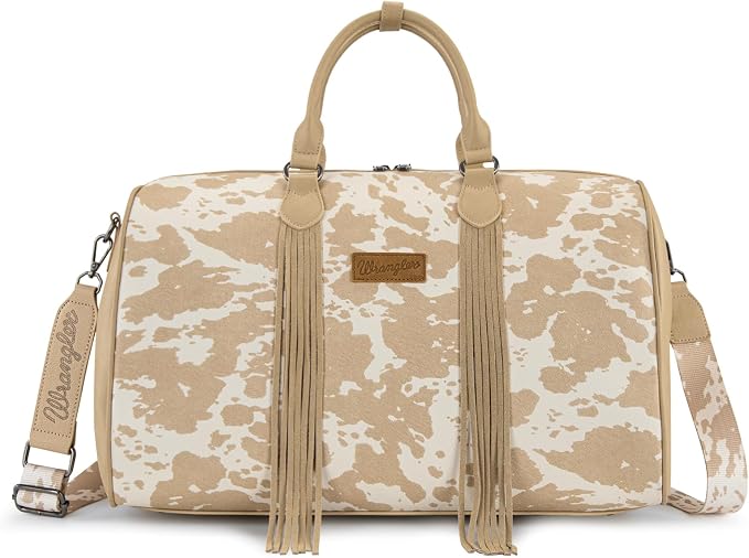 Wrangler Rustler Wildside Cow-Print Weekender Duffel Bag Large Carry On Bags with Tassels, Tan by THEOFFICIALMONTANAWEST