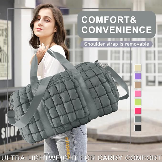 Quilted Travel Duffle Bag Gym Bag for Women,Large Puffer Duffle Weekender Bag with Compartment,Workout Overnight Carry on Organizer Bag Duffle Bag for Airplane Travel(Grey) - Image 7