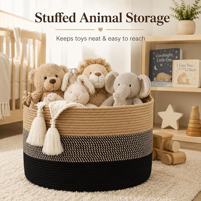 KAKAMAY Large Blanket Basket (20"x13"),Woven Rope Baskets for storage Baby Laundry Hamper, Cotton Rope Blanket Basket for Living Room, Laundry, Nursery, Pillows,Baby Toy chest (Jute/Black) - Image 3