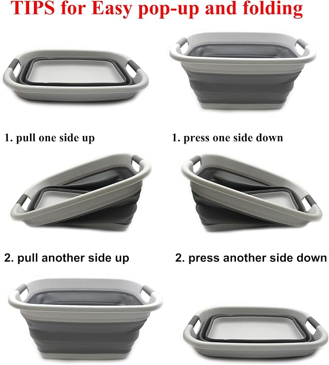 SAMMART 31L (8.1 gallon) Collapsible Plastic Laundry Basket-Foldable Pop Up Storage Container-Portable Washing Tub - Space Saving Hamper/Basket, Water capacity: 23L (6 gallon) (1, Light Grey) - Image 9