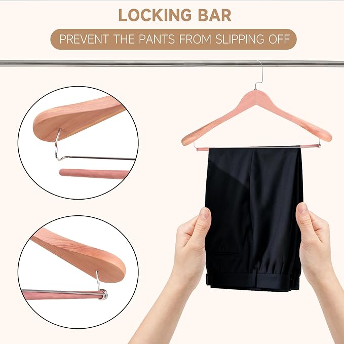 Wide Shoulder Wooden Hangers with Locking Bar, Cedar Wood, 12-Pack | Non-Slip Suit Hangers with Flat-Head Hook for Suits, Jackets, Coats, Shirts, Outerwear and Heavy Clothes - Image 5