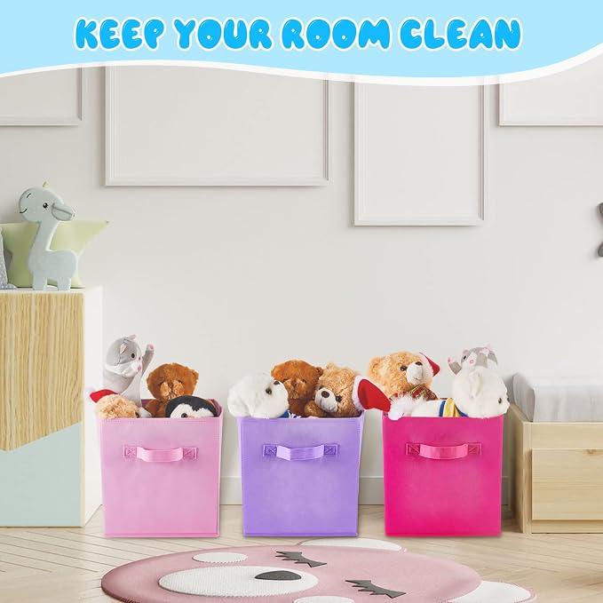 Yinder 12 Pcs Cube Storage Bin 10.5''x10.5''x11'' Storage Bins for Kids Classroom Decor Colorful Bins Foldable Baskets for Playroom Nursery Organizer Fabric Boxes (Sky Blue, Purple, Pink, Rose) - Image 6