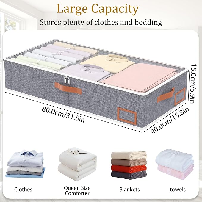 Yawinhe Pack of 2 Underbed Storage Bags, Foldable Clothes Storage with Clear Window, for Duvets, Clothes, 80 x 40 x 15 cm, Grey - Image 4