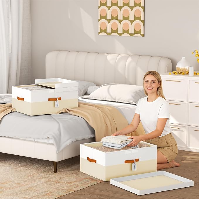 Extra Large Storage Bins - 3 Pack Closet Storage Boxes with Double-Open Lid & Divider Board, Stackable Colthes Storage Organizer, Fabric Basket with Label Tag for Home, Laundry - Image 6