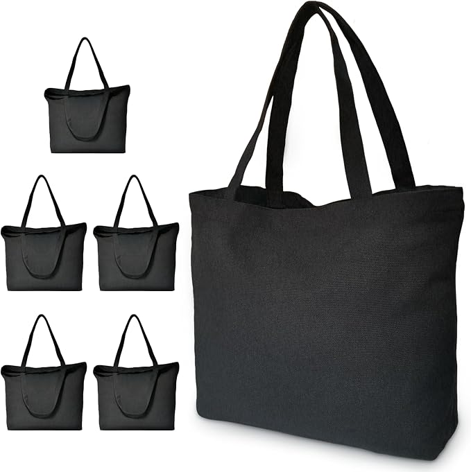 Koolmox Black Canvas Tote Bags, 6-Pack 17x14x3.9'' 12Oz Heavy Duty Cotton Bags with Handles and Bottom, Reusable Grocery Shopping Bag Bulk Sublimation Tote Bags Blank for Teachers Crafts by Koolmox