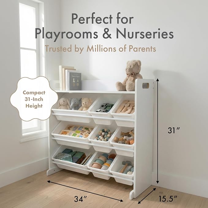 Humble Crew Kids Toy Organizer with Display Shelf, 9 Bins, 3 Tier Storage | Sturdy wood and steel toddler shelf, removable BPA-free containers, wall anchor anti-tip safety kit for bedroom or classroom - Image 2