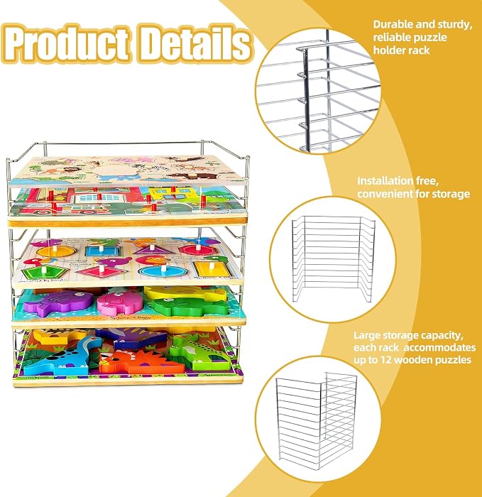 2 Pack Puzzle Racks for Wooden Puzzles, Each Stores 12 Puzzles, Wooden Puzzle Organizers and Storage, Metal Wire Rack Ideal for Homes, Schools, and Early Education Centers, Puzzle Holder Rack for Kids - Image 2