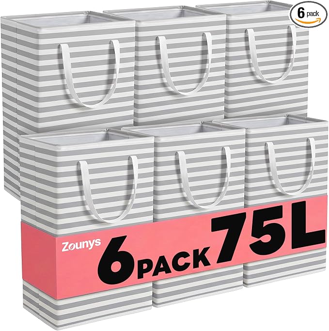 6Pack Waterproof Large Laundry Hamper Collapsible Laundry Baskets, Freestanding Laundry Hampers Dirty Clothes Hamper with Reinforced Handles in Laundry Room, Bathroom, Bedroom (75Lx6, White) by Unknown