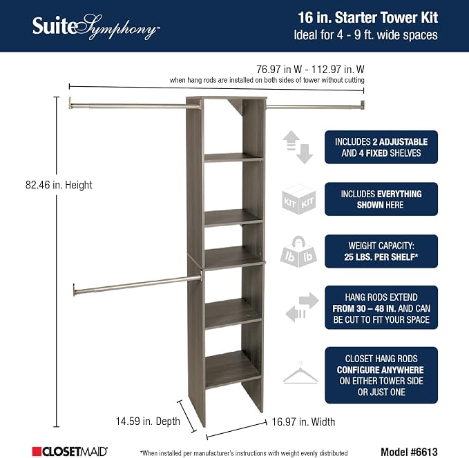 ClosetMaid SuiteSymphony Wood Closet System Starter Kit with Tower and 3 Hang Rods, Adjustable and Customizable, For Walk-In and Reach-In Closets, Fits Spaces 4 – 9 ft. Wide, Graphite Grey - Image 3