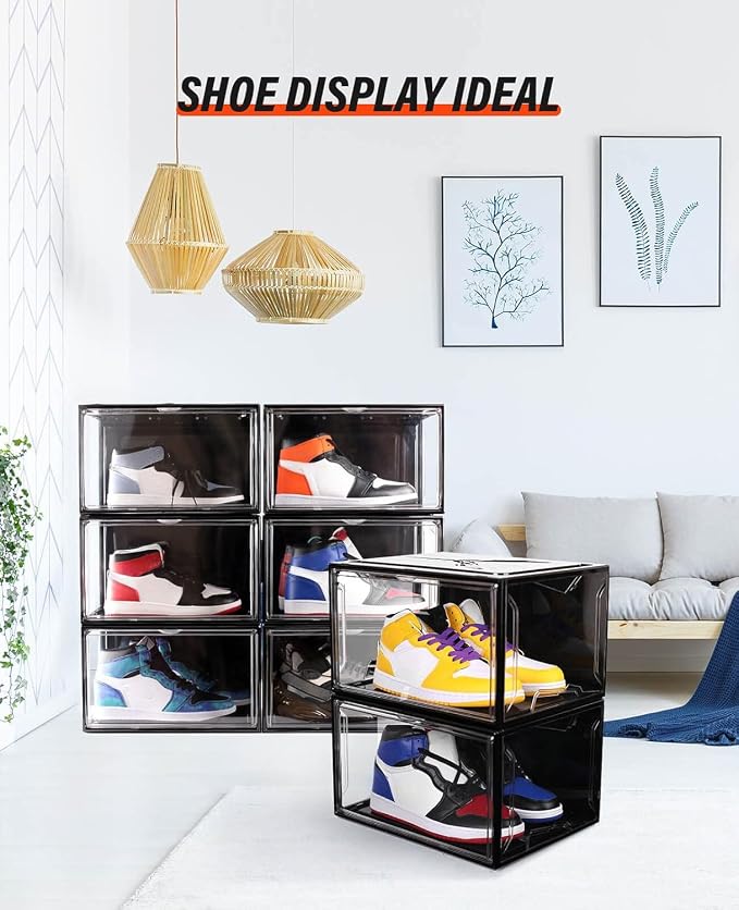 KDOR Clear Shoe Boxes Stackable, 3 Pack Shoe Storage Box with Lids Magnetic Door, Clear Sneaker Storage Acrylic Boxes for Display, Fit Shoe Size Up to US 15（Side 3 PACK BLACK） - Image 4