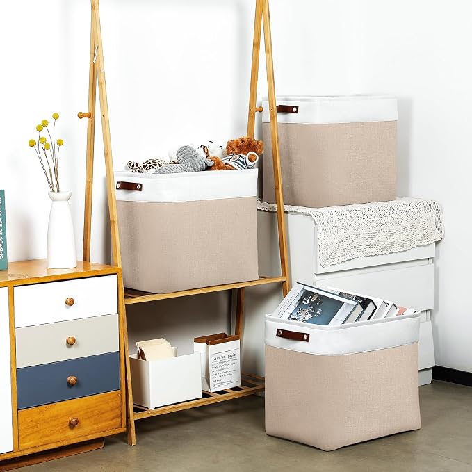 DULLEMELO Large Storage Baskets for Organizing, Canvas Storage Bins Big Baskets With Handles for Shelf Clothes Empty Gift Basket (White&Khaki) - Image 3