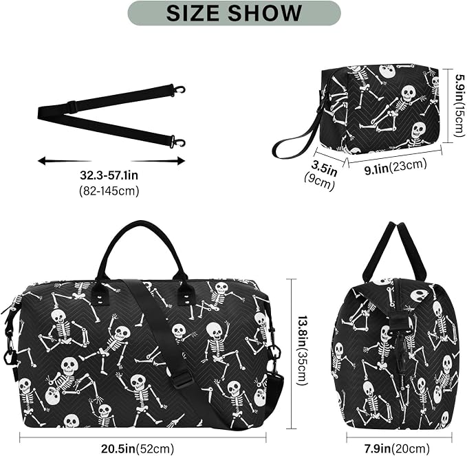Skull Skeleton on Black Large Travel Duffel Bag Sports Tote Gym Bag Overnight Weekender Bags Carry On Luggage with Toiletry Bags - Image 3