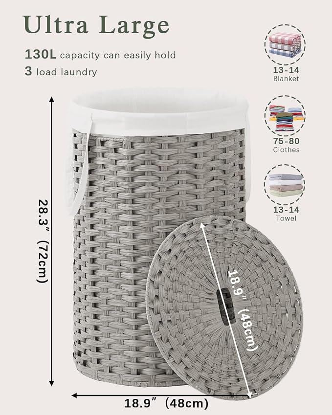 SETVSON Large Laundry Hamper Laundry Basket with Lid, Round PE Rattan, Gray | 130L Large Woven Basket with Lid, Removable Washable Liner Bag, 2 Mesh Laundry Bags, Foldable Long Side Handles - Image 4