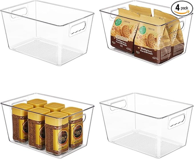 YIHONG Clear Plastic Storage Organizer Bins, 4 Pack Pantry Food Storage Bins with Handle for Kitchen,Refrigerator, Freezer,Cabinet Organization and Storage | Plastic Bins, Pantry Storage Containers for Kitchen, Freezer, Cabinet, Closet, Bathroom, Under... by YIHONG