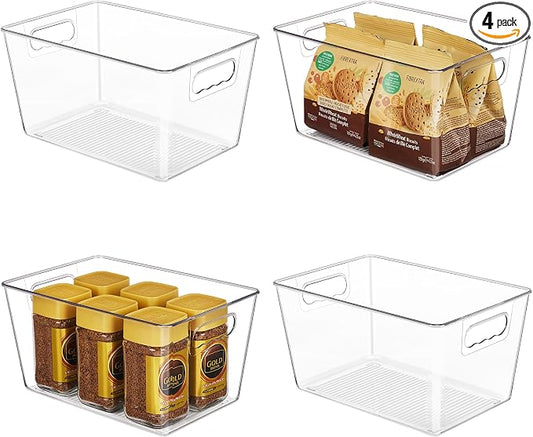 YIHONG Clear Plastic Storage Organizer Bins, 4 Pack Pantry Food Storage Bins with Handle for Kitchen,Refrigerator, Freezer,Cabinet Organization and Storage | Plastic Bins, Pantry Storage Containers for Kitchen, Freezer, Cabinet, Closet, Bathroom, Under... by YIHONG