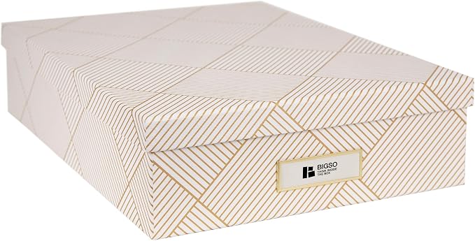 Bigso Oskar Fiberboard Label Frame Document Letter Box for Important Paperwork A4 or Letter Size - Durable Keepsake Box with Lid and Metal Label Holder - 3.3in x 10.2in x 13.8in - Golden Square by Bigso