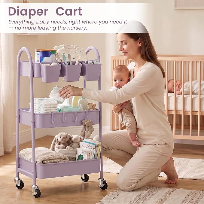 danpinera 3-Tier Rolling Cart, Utility Cart Mobile Metal Rolling Storage Cart with Lockable Wheels & Hanging Cups & Hooks for Kitchen, Bathroom, Office, Workshop, Purple - Image 5