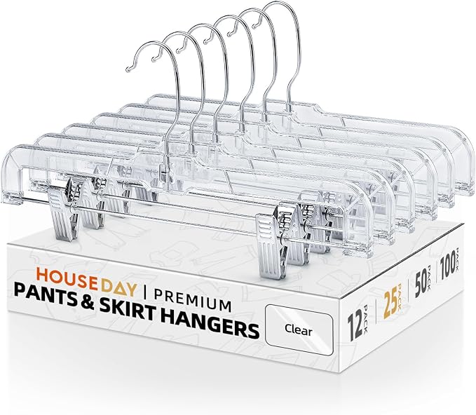 HOUSE DAY 14'' Clear Skirt Hangers with Clips 25 Pack, Plastic Pant Hangers | Adjustable Clip Hangers for Pants, Skirts, Jeans and Shorts, with No Slip Pads and 360° Swivel Hook, for Closet Organization by HOUSEDAY