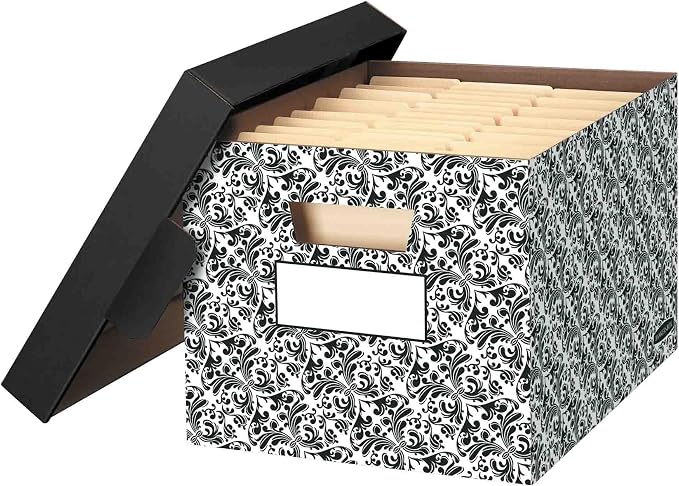 Bankers Box 4-Pack Brocade Design, Medium Duty File Storage Boxes with Lids, FastFold Assembly, Letter/Legal, STOR/FILE, (0022705) by BankersBox