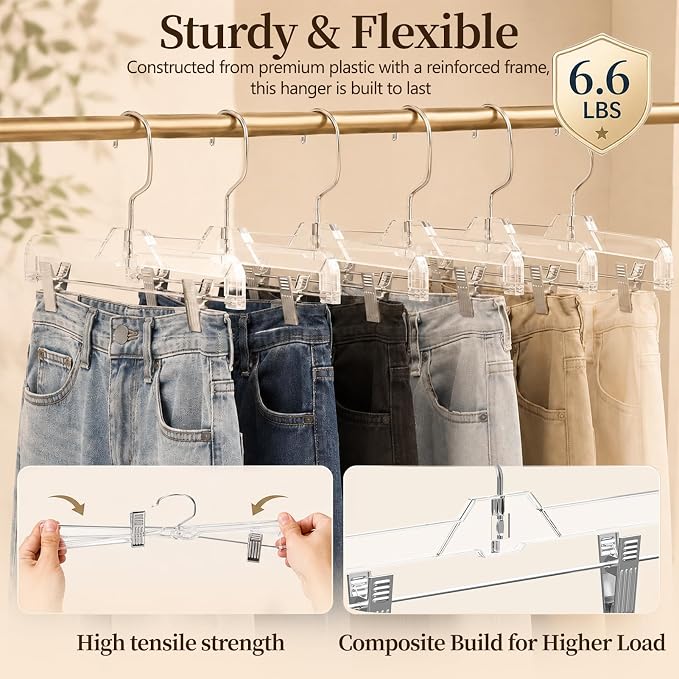 14" Clear Pants Hangers with Clips 12 Pack, Plastic Skirts Hangers | Slim Space Saving, Adjustable Clips Hangers with 360° Swivel Hook & Non-Slip Pad for Adults and Kids, Pants, Shirt, Jeans - Image 5